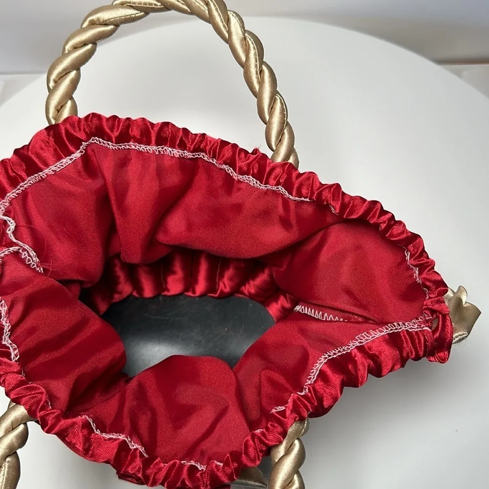 80s SATIN FLOWER BASKET cupcake purse twisted handle tie top bridal flower girl